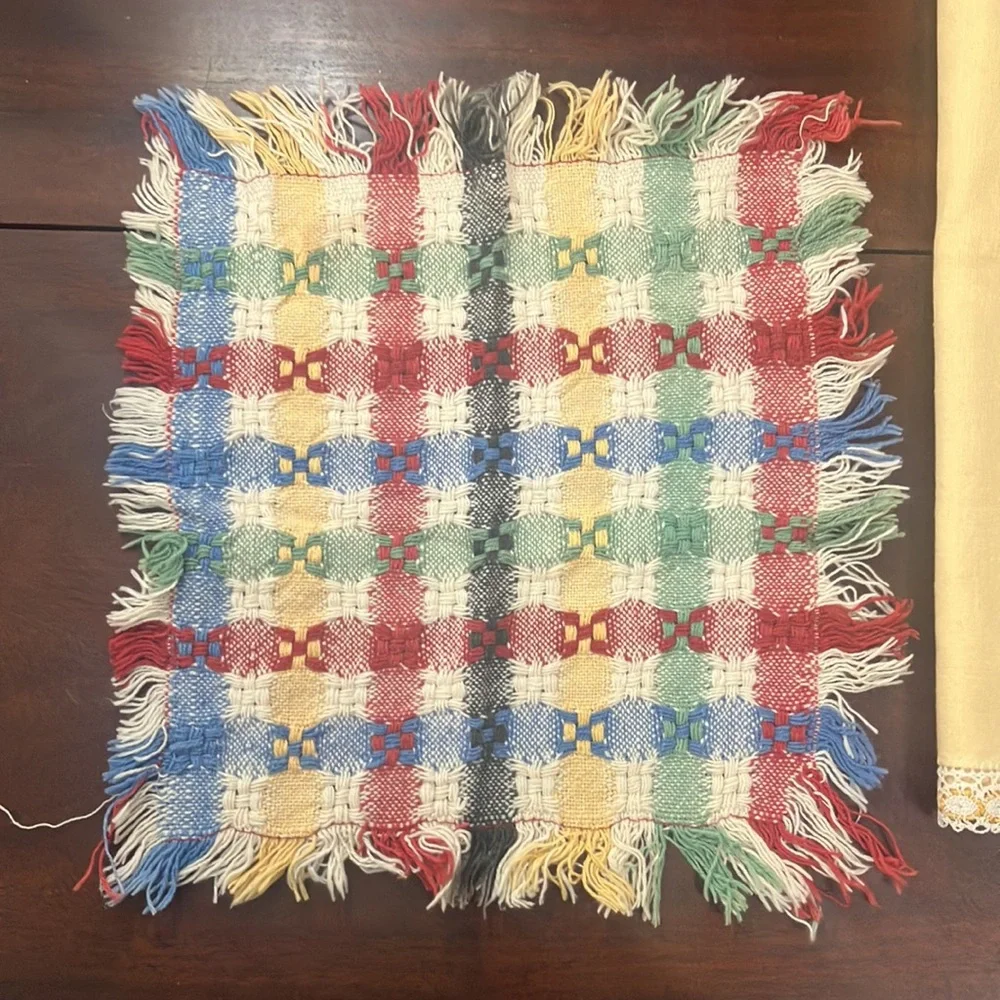 Set of 3 Vintage Cotton Tea Towels / Rags Blue Cannon, Yellow Pheasant with Lace